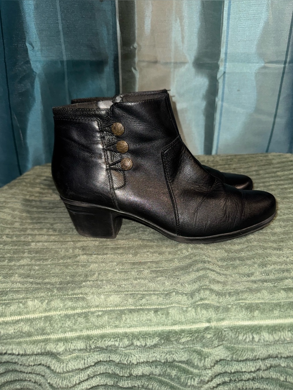 Clarks Black Leather Ankle Booties with Decorative Button Trim